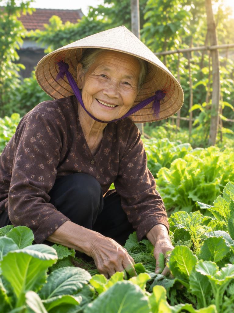 Bà cụ đội nón lá trong vườn rau