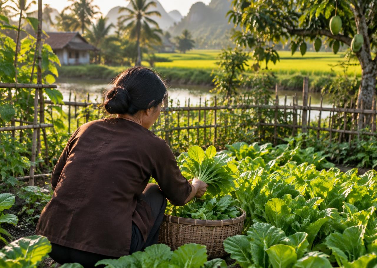 Người phụ nữ thu hoạch rau trong vườn