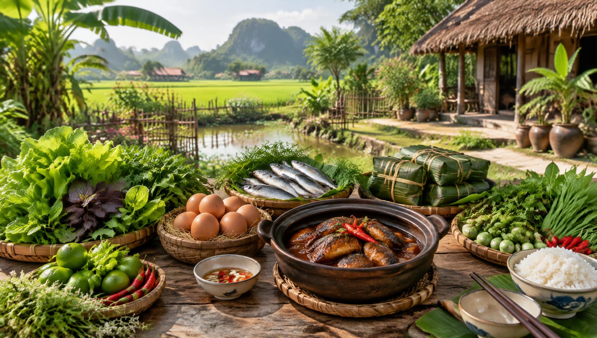 Mâm đặc sản quê với rau vườn, cá, trứng và món kho