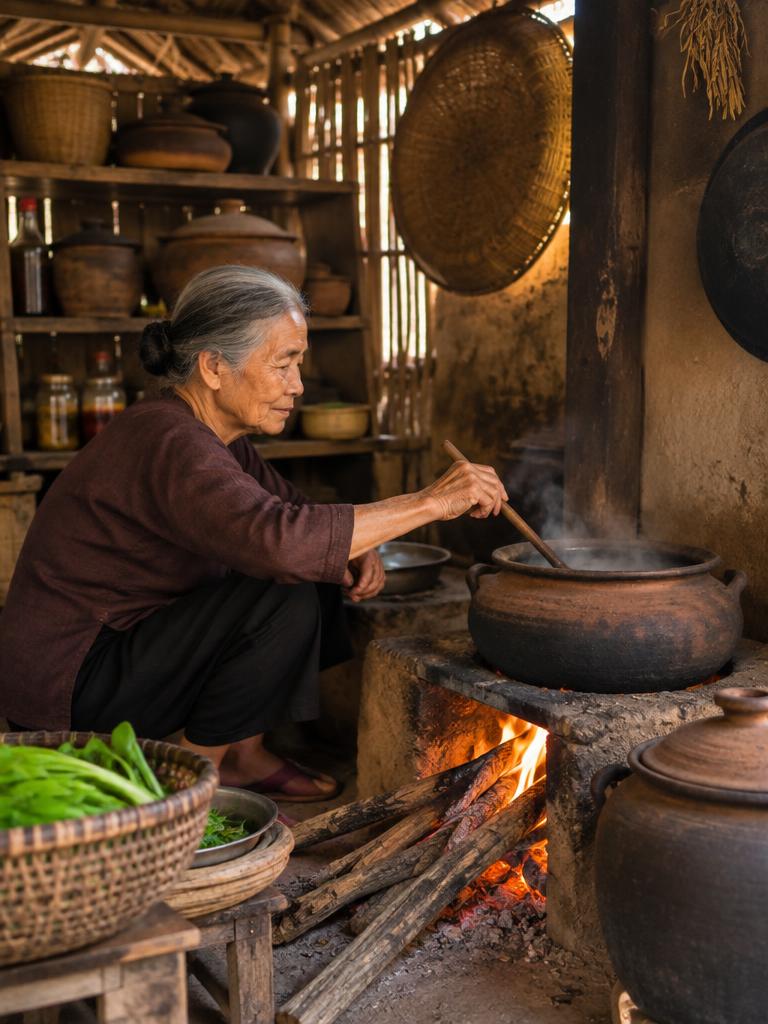 Bà nấu ăn trong căn bếp quê